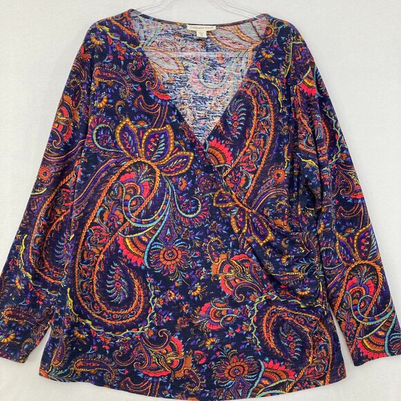 Coldwater Creek Wrap Top size 1X Multi Color Artsy Paisley Stretch Boho Festival - Picture 1 of 10